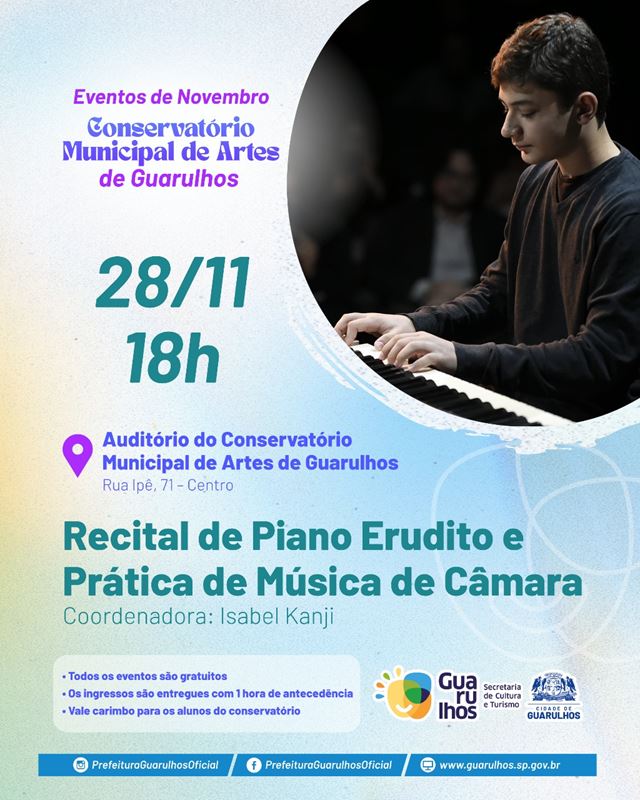 Conservatório recebe recital de piano erudito e prática de música de câmara na sexta-feira