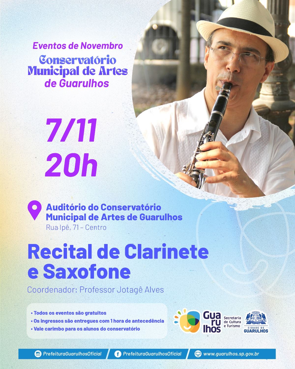 Conservatório Municipal promove recital gratuito de clarinete e saxofone nesta sexta-feira