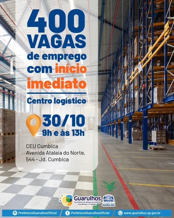 Prefeitura de Guarulhos e Riachuelo oferecem 400 vagas para auxiliar de logística com início imediato