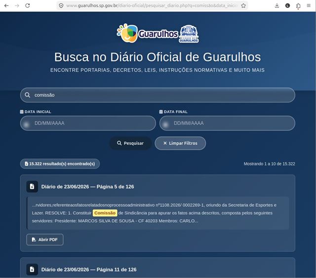 Nova ferramenta facilita busca de informações no Diário Oficial da Prefeitura de Guarulhos